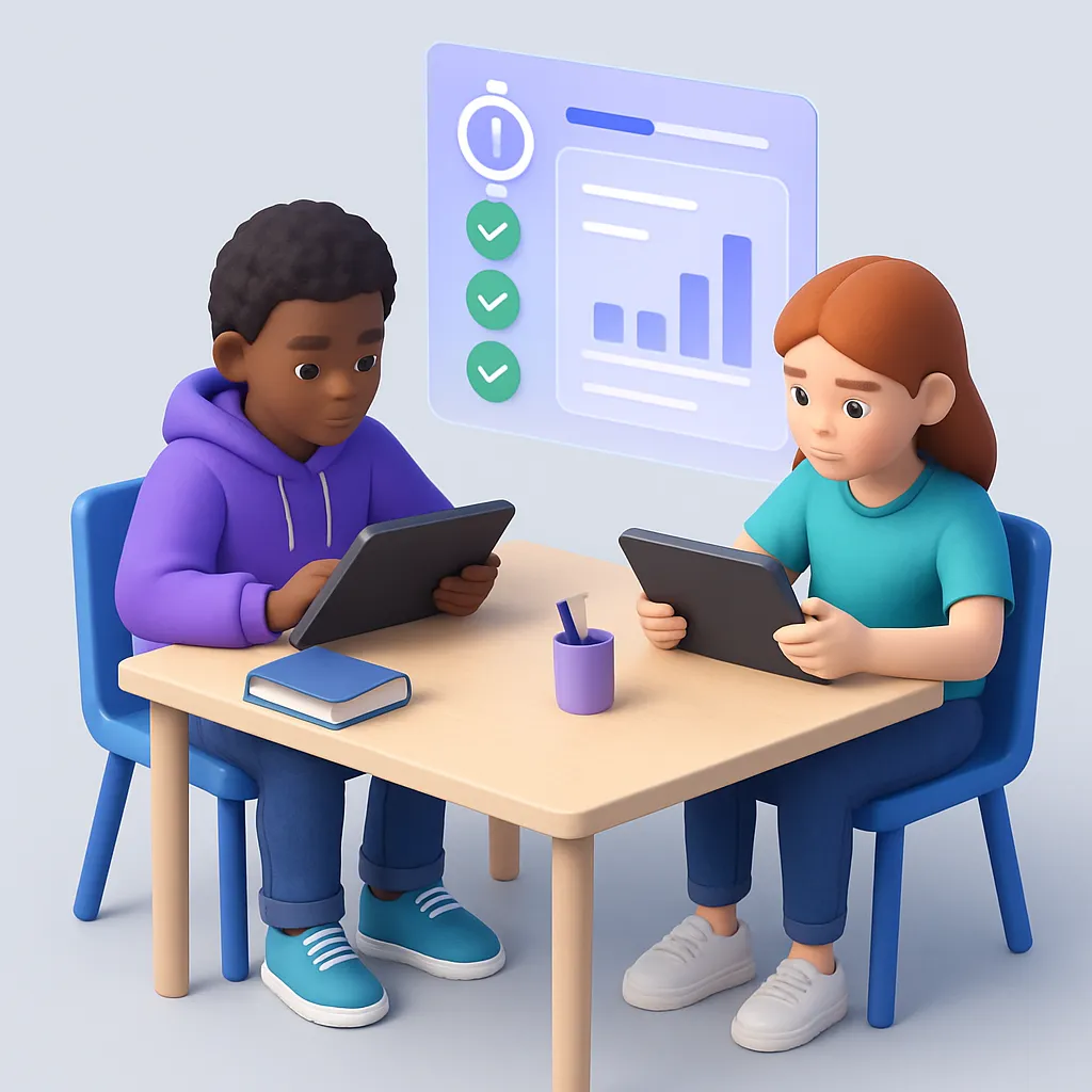 Studenten oefenen met examenvragen op tablet